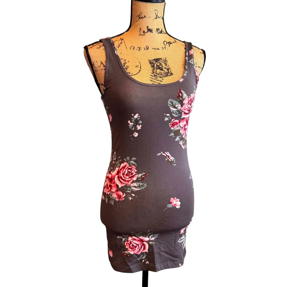 NWT Maurices Womens Floral Boho‎ Feminine Bodycon Fitted Mini Tank Dress Grey XS